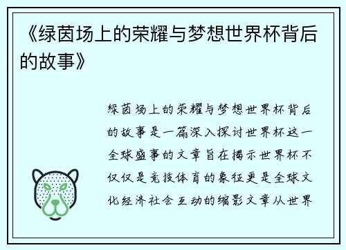 《绿茵场上的荣耀与梦想世界杯背后的故事》