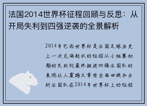 法国2014世界杯征程回顾与反思：从开局失利到四强逆袭的全景解析