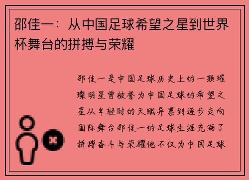 邵佳一：从中国足球希望之星到世界杯舞台的拼搏与荣耀