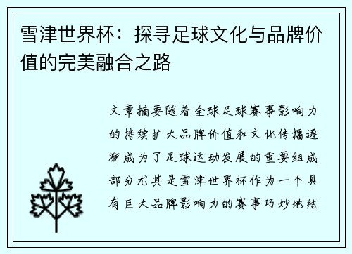 雪津世界杯：探寻足球文化与品牌价值的完美融合之路
