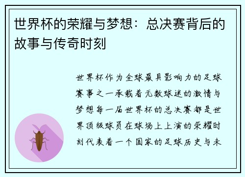 世界杯的荣耀与梦想：总决赛背后的故事与传奇时刻