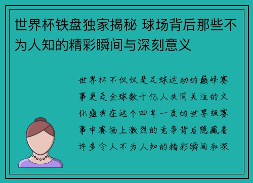 世界杯铁盘独家揭秘 球场背后那些不为人知的精彩瞬间与深刻意义