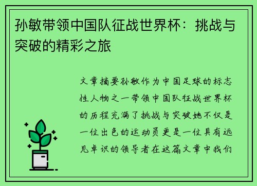 孙敏带领中国队征战世界杯：挑战与突破的精彩之旅